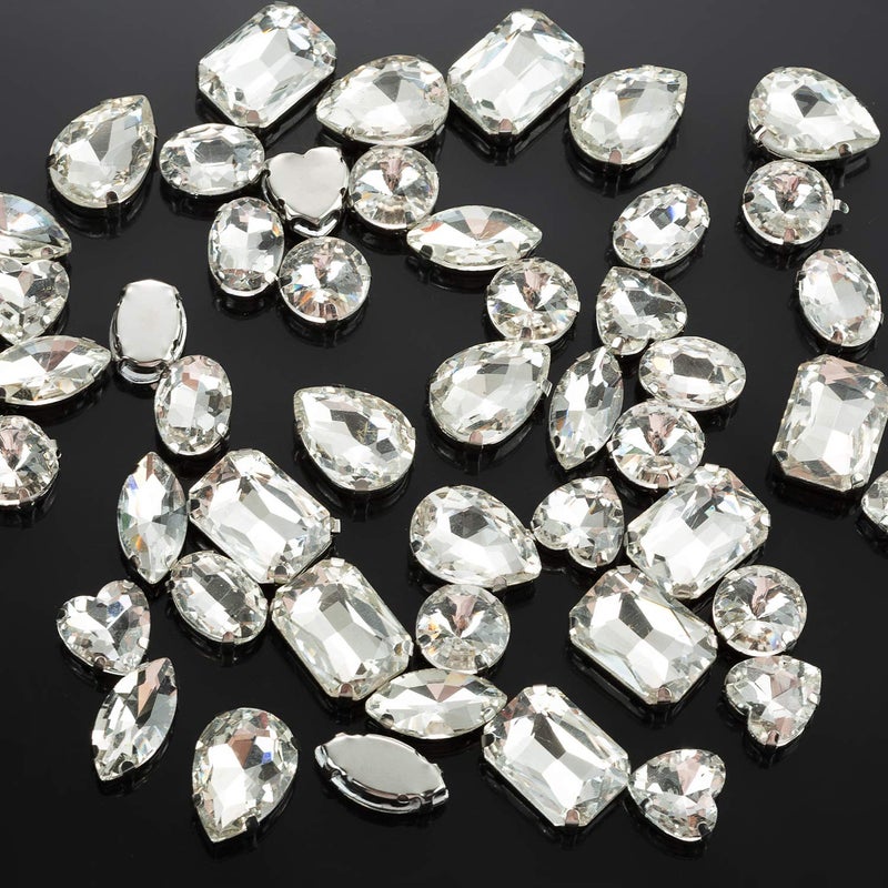 Choupee Sew On Rhinestones, Choupee 48PCS Mixed Shapes Flatback Sew On Glass Rhinestone Sewing Claw Rhinestone for Craft, Clothes, Garments, Dress, Earring, Belt and Shoes (Clear, Silver Claw) - Image 1